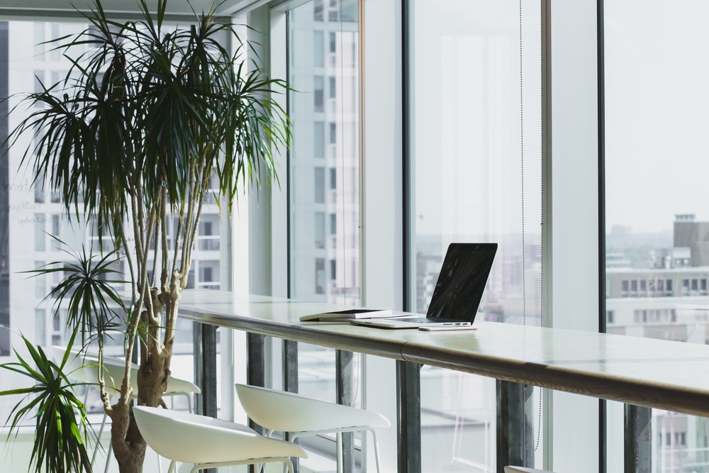 Picture of a desk next to broad windows in an office with plenty of natural light