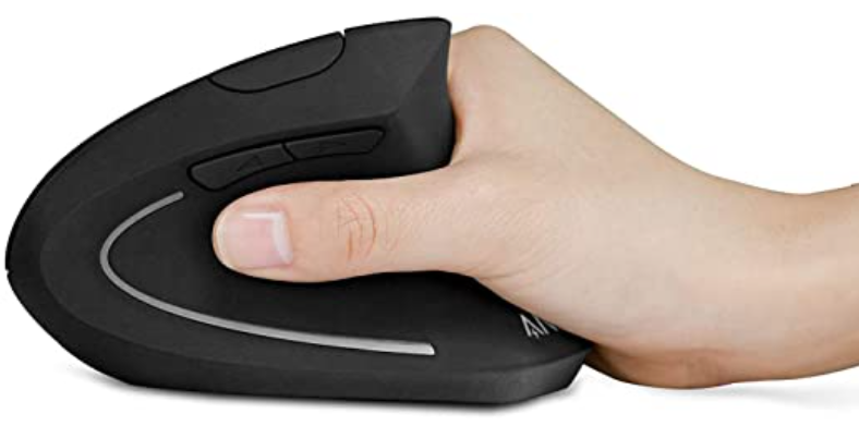 Ergonomic mouse with hand holding the mouse between the thumb and fingers