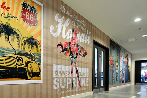 Rentalcars new office design with Hawaii stencil art on wall